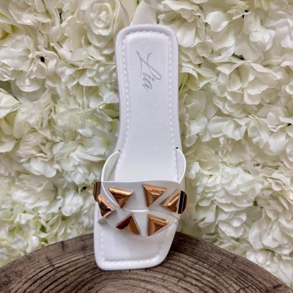 White Sandal with Bronze Metal Detailing